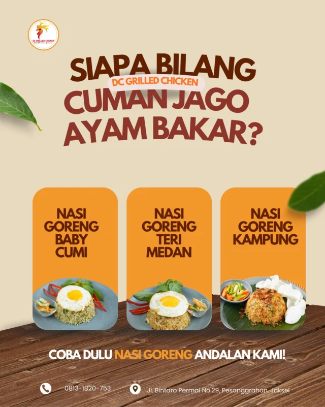 Terkadang, yang paling kita butuhkan adalah yang klasik dan meyakinkan. Kenalkan, Nasi Goreng spesial dari DC Grilled Chicken!

Aroma smokey yang khas, bumbu yang medok meresap, dan topping melimpah. Disajikan hangat-hangat, dijamin langsung bikin hati happy dan perut kenyang. Ini dia comfort food yang sesungguhnya!
Cocok untuk sarapan, makan siang, atau bekal santai sore hari.

📍 DC Grilled Chicken Jl. Bintaro Permai No.29, Bintaro, Jaksel.
⏰ Buka: 09.00 - 19.00 WIB 

📲 Pemesanan WA: 0813-1820-753🛵 Gampang Pesan: Shopeefood, Grabfood, GoFood

#NasiGoreng #NasiGorengEnak #DCGrilledChicken #KulinerBintaro #jajanbintaro