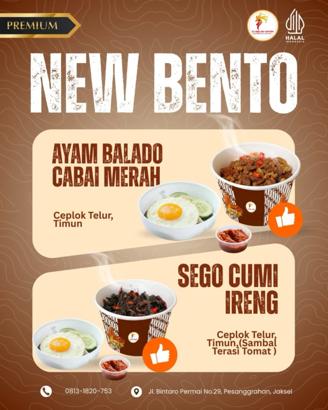Yang baru, yang praktis, dan pastinya enak! Kenalin 4 varian Bento series kita yang siap nemenin aktivitas kamu:

Bento Oseng Daging Sapi

Bento Sego Cumi Ireng

Bento Ayam Balado Cabai Merah

Bento Ayam Balado Cabai Hijau

Cuma di DC Grilled Chicken. Yuk, mampir atau pesan lewat aplikasi online sekarang! 🛵💨

📍 Langsung Tantang Lidahmu:

DC Grilled Chicken Jl. Bintaro Permai No.29, Bintaro, Jaksel.

⏰ Buka: 09.00 - 19.00 WIB

📲 WA Order: 0813-1820-753 🛵

Delivery: Shopeefood, Grabfood, GoFood (Cari: DC Grilled Chicken)

#MenuBentoBaru #balado  #KulinerNusantara #OsengSapi #CumiHitam