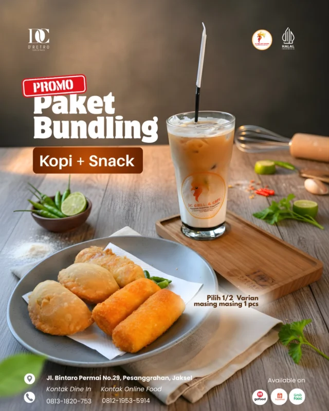 Bundle Hemat, Mood Auto Meningkat! 🥐

Lagi butuh teman buat nemenin kerja, nugas, atau sekadar santai sore? Gak usah bingung pilih menu, karena **Bundling Spesial** kami sudah hadir buat kamu!

Nikmati kombinasi sempurna segarnya es kopi susu yang *creamy* dengan pilihan snack gurih yang renyah di luar, lembut di dalam. Perpaduan yang pas banget buat manjain lidah kamu tanpa bikin kantong bolong.

**Kenapa harus pesan bundle ini?**

- ✅ Harga lebih hemat dibanding beli satuan.
- ✅ Porsi pas buat ganjal lapar.
- ✅ Cocok banget buat nemenin segala aktivitasmu.

Apa aja sih snack/jajanan yang di tawarkan?

- KUE SUS BUAH
- KUE SUS ECLAIR
- PASTEL
- RISOLES MAYO PREMIUM
- RISOLES SEGITIGA ROGUT PREMIUM
- SOSIS SOLO

Yuk, mampir ke outlet kami atau pesan melalui aplikasi ojek online favoritmu sekarang juga! Jangan sampai kehabisan ya! 🏃💨

—

Cuma di DC Grilled Chicken. Yuk, mampir atau pesan lewat aplikasi online sekarang! 🛵💨

📍 Langsung Tantang Lidahmu:

DC Grilled Chicken Jl. Bintaro Permai No.29, Bintaro, Jaksel.

⏰ Buka: 09.00 - 19.00 WIB

📲 WA Order: 0813-1820-753 

🛵 Delivery: Shopeefood, Grabfood, GoFood (Cari: DC Grilled Chicken)

#CoffeeAndSnack #PromoBundling #CamilanEnak #EsKopiSusu #KulinerHits