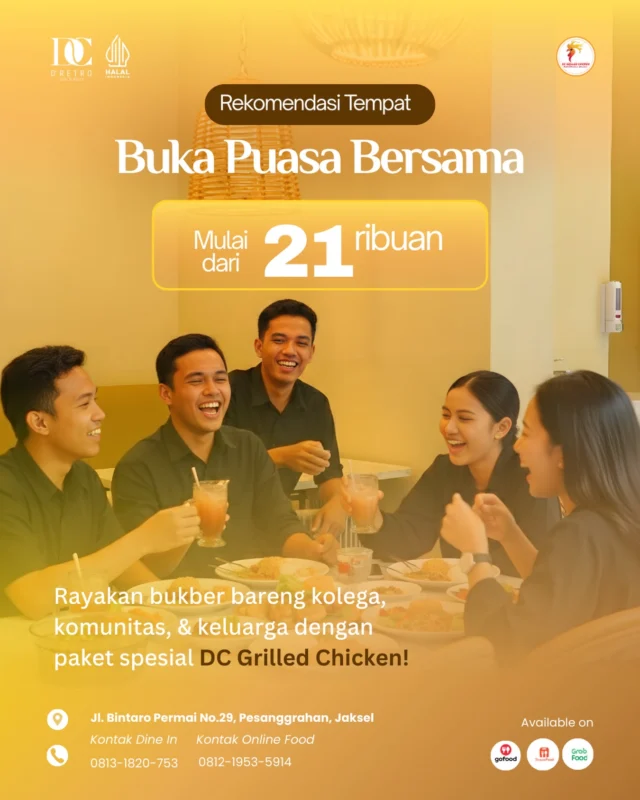 Siapa bilang bukber enak harus mahal? Di DC Grilled Chicken, paket lengkapnya mulai dari  21 ribu doang. Bayangin lembutnya daging ayam yang lembut sempurna ketemu nasi hangat dan sambal khasnya... Duh, nikmat mana lagi yang kamu dustakan?

Cocok banget buat ajak keluarga atau temen kantor. Daripada bingung cari tempat yang ujung-ujungnya mahal, mending booking meja sekarang di DC Grilled Chicken!

Yuk, pesan sekarang sebelum kehabisan!

DC Grilled Chicken 

🏠 Jl. Bintaro Permai No.29, Pesanggrahan, Jaksel 

📲 Order WA: 0813-1820-753 🟢 GrabFood | 🟢 GoFood | 🟠 ShopeeFood

#bentopremium #menubukapuasa #bukberbintaro #bukber #rekomendasitempatbukber